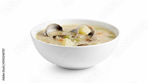Bowl of clam chowder with visible clams potatoes and vegetables in a creamy broth served in a white bowl against a white background