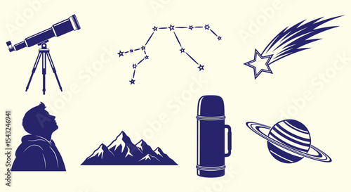 Stargazing adventure icon bundle. Telescope on tripod, Big Dipper constellation, shooting star, ringed planet, mountains, thermos and sky-watcher silhouette in navy