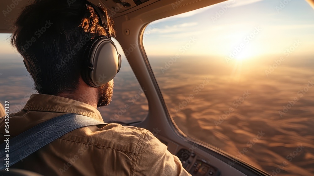 Fototapeta premium A pilot sits in the cockpit, gazing at a breathtaking sunset over expansive desert landscapes, symbolizing adventure, ambition, and the beauty of aviation.