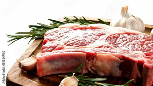 A raw steak sits on a wooden board garnished with sprigs of rosemary and cloves of garlic
