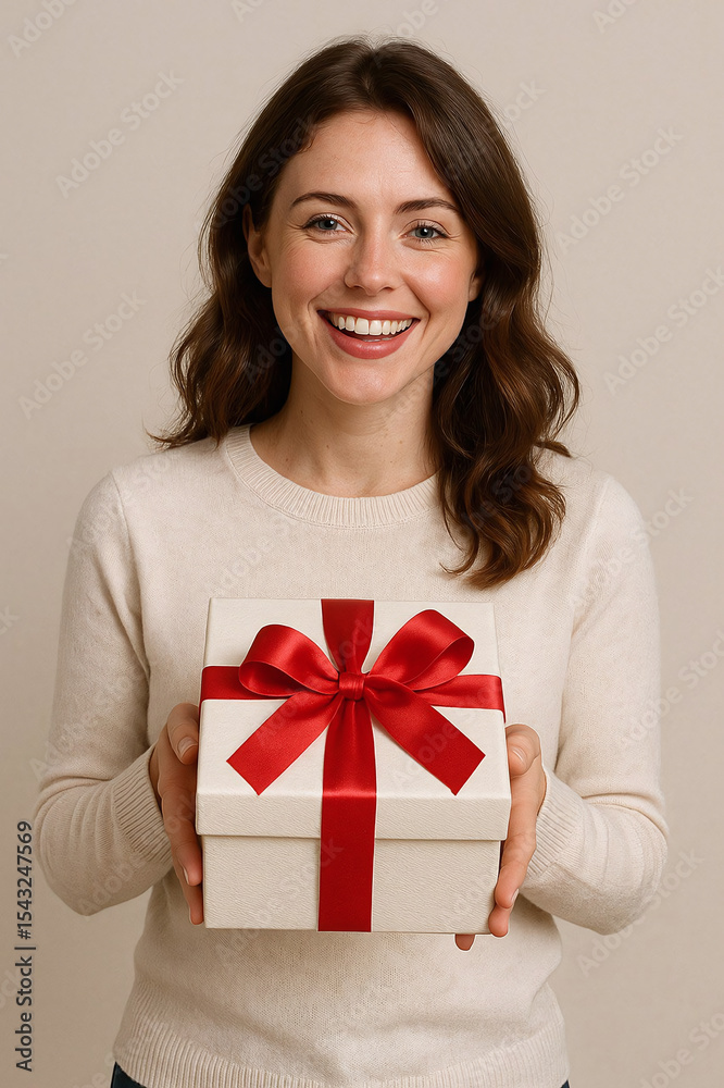Realistic photo of brunette woman holding a gift with red ribbon on pastel background. Perfect for holiday, birthday, or celebration themes Realistic photo of brunette woman holding a gift with red ribbon on pastel background. Perfect for holiday, birthday, or celebration themes