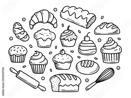 Delightful doodles of bakery treats like muffins, croissants and bread are arranged in a captivating, circular pattern, silhouette