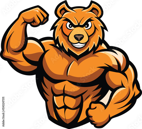 Muscular Bear flexing biceps, bold vector style, strong and fierce mascot design on white Artwork, t-shirt design, t-shirt logo
