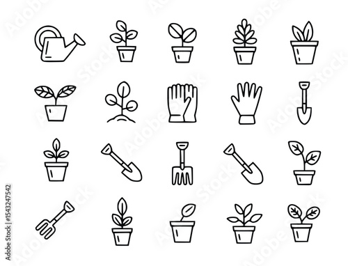 Gardening tools and plant seedlings collection in simple line art illustrate the joy of growing and nurturing, silhouette