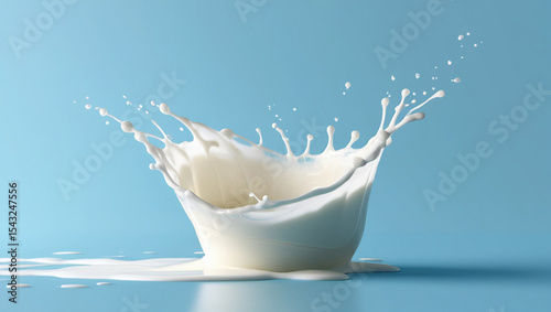 Photorealistic frozen splash of milk on a light blue background. Abstract and dynamic composition, ideal for dairy product packaging, yogurt, or milk drink branding.
