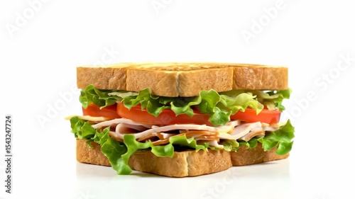 Closeup of a turkey sandwich with lettuce tomato and cheese between two slices of toasted bread