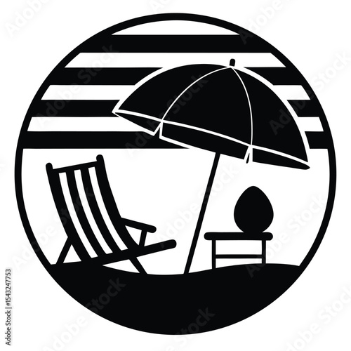 Black and white beach scene with umbrella deck chair and table in circular frame