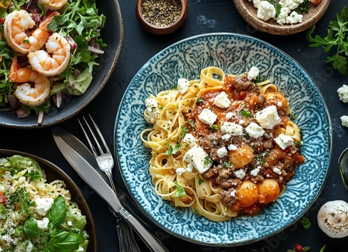 Top view of various dishes on the table, including pasta with cheese and meat sauce, salad in a blue plate, shrimp and feta cheese, and a fork and knife. Black background, high-resolution photography,