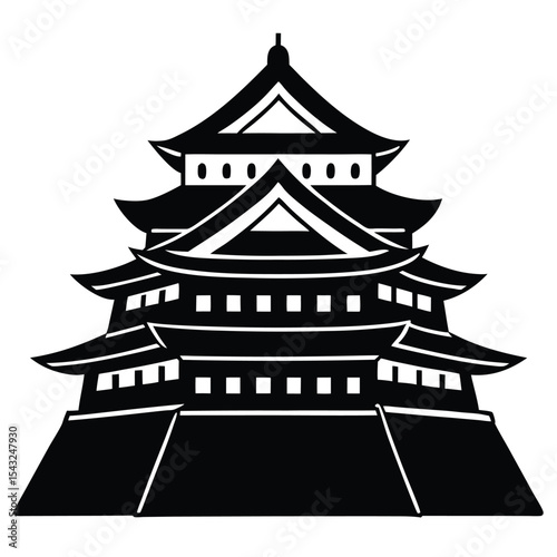 Black and white japanese castle vector illustration depicting architectural structure and traditional design