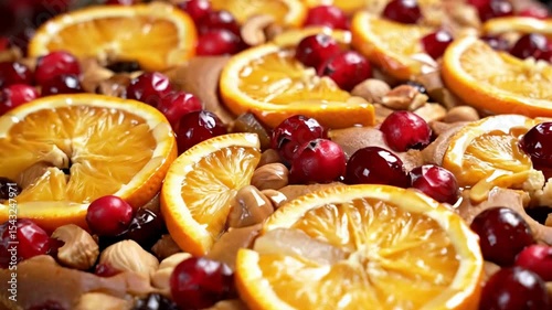 Closeup of cranberry orange cake featuring sliced oranges cranberries and nuts atop a baked dessert