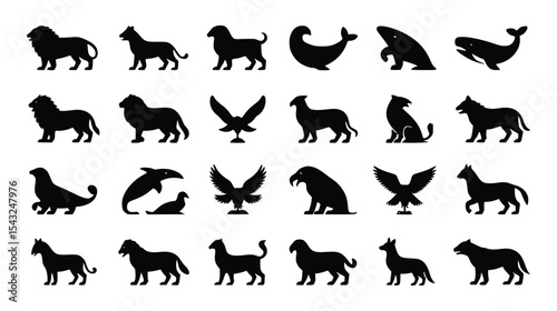Silhouettes of assorted animals, showcasing lions, horses, eagles, whales and seals, creating a diverse wildlife and nature collection.