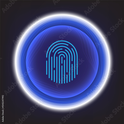 Blue fingerprint icon inside glowing tech circle on dark background, perfect for cybersecurity, biometric, or identity verification themes.