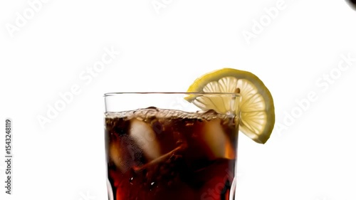 Drink being poured into glass with ice and lemon on white background