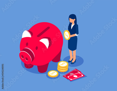 Money saving concept with character. Flat isometric vector concept