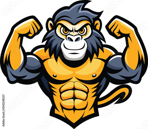 Muscular Monkey flexing biceps, bold vector style, strong mascot design on Illustrator artwork, t-shirt design, t-shirt logo