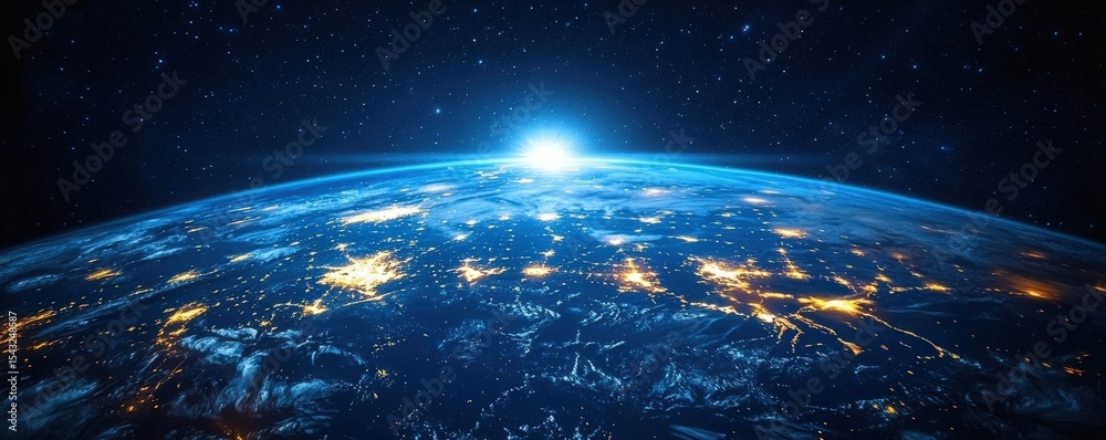 Obraz premium A stunning view of Earth from space at night, showcasing city lights and the sun rising over the horizon in a star-filled cosmos.