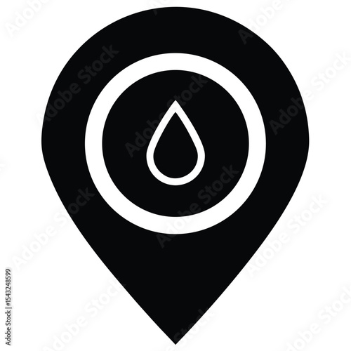 Black and white water drop location marker icon representing natural resources and services