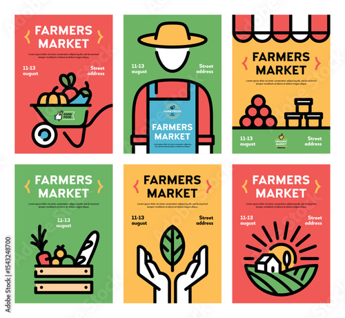 Vector farmers market poster illustration set. Farm event icon backgrounds with place for text. Line fruit and vegetable shop banner templates. Food festival flyers with farmer, organic products
