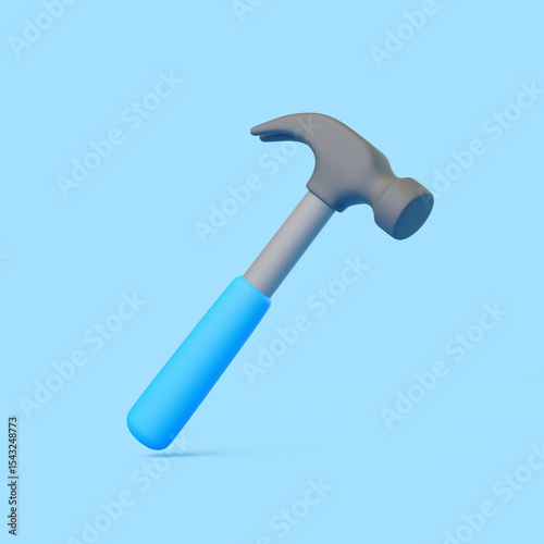 3D Floating Cartoon Hammer with Blue Handle on Blue Background