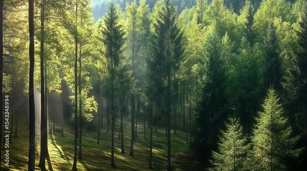 Obraz premium Sun-dappled forest with light rays through vibrant spring foliage