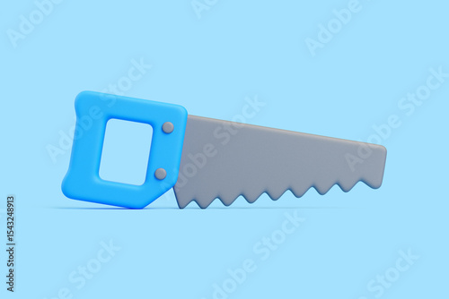 3D Hand Saw with Blue Handle on Blue Background
