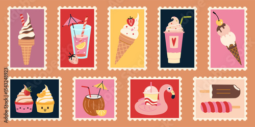 Set of bright summer postage stamps with ice cream, frozen desserts, fruity drinks, milkshakes and tropical cocktails. Trendy modern vector illustration, hand drawn, flat design