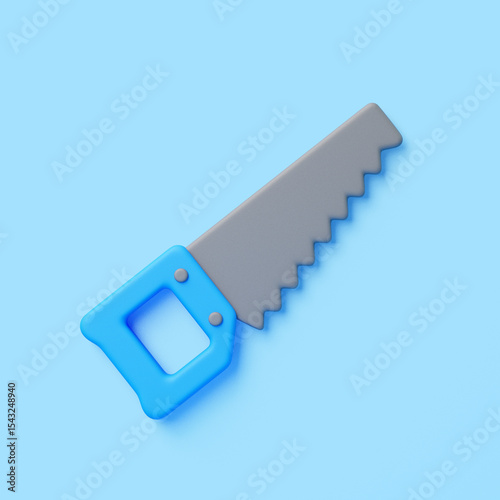 Angled 3D Handsaw with Blue Handle on Blue Background