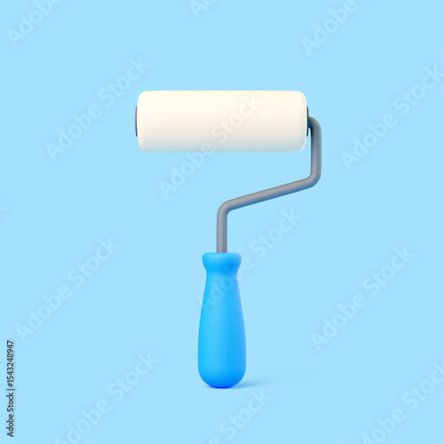 3D paint roller with handle on light blue background, minimal decorating tool