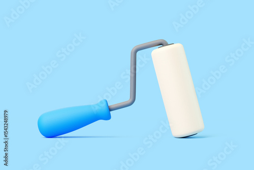 3D paint roller with handle lying on light blue background, minimal tool concept