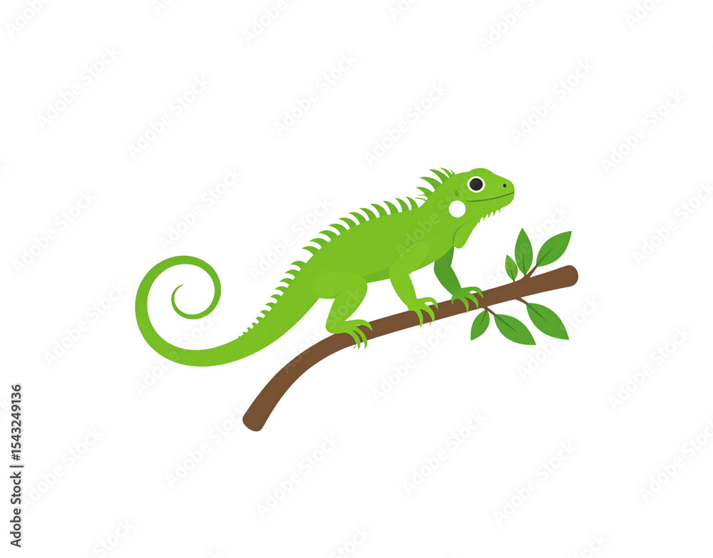 Obraz premium Cartoon Green Iguana Perched on a Branch with Leaves Vector Illustration.