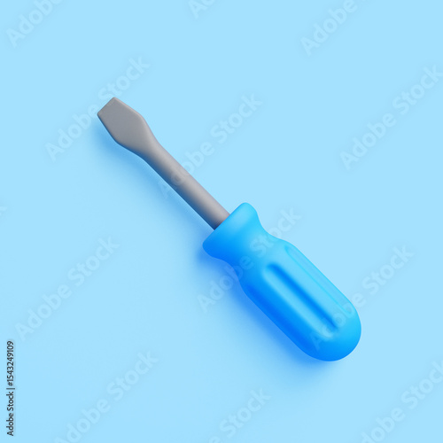 3D Flathead Screwdriver with Blue Handle on Blue Background