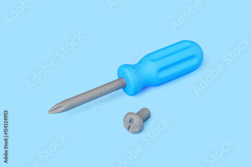 Blue screwdriver and screw on light blue background, minimal tool illustration