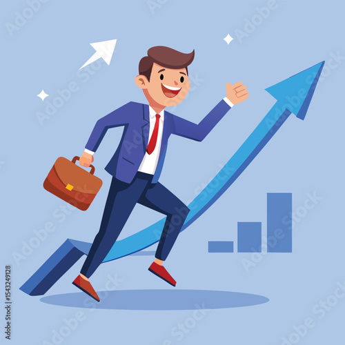 Cartoon Businessman Running Upwards Blue Arrow Chart