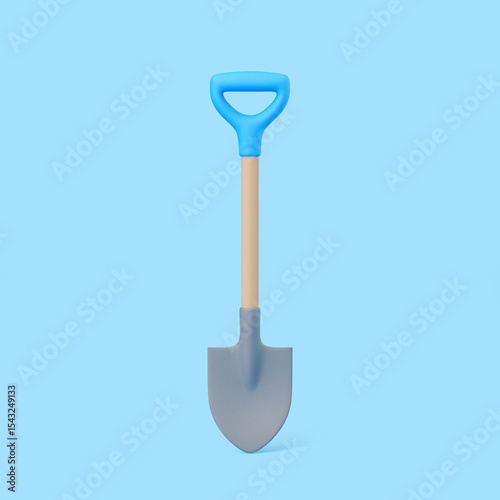 3D garden shovel with blue handle on light blue background