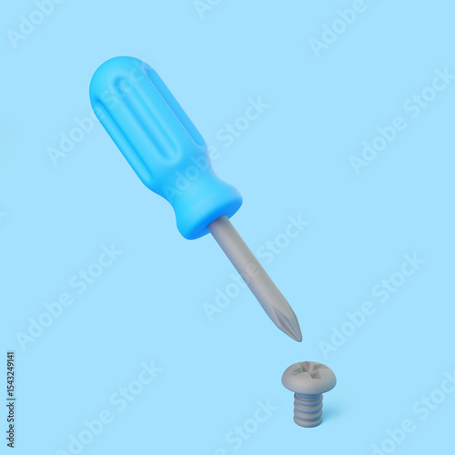 3D blue screwdriver above metal screw on light blue background