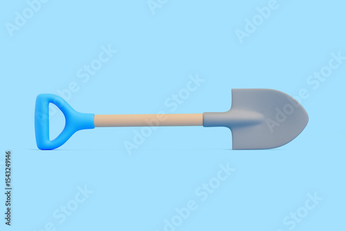 3D Shovel with Blue Handle on Blue Background