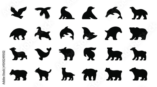 Silhouette collection showcases various animals, including marine life, birds, and mammals in a stark black and white design.
