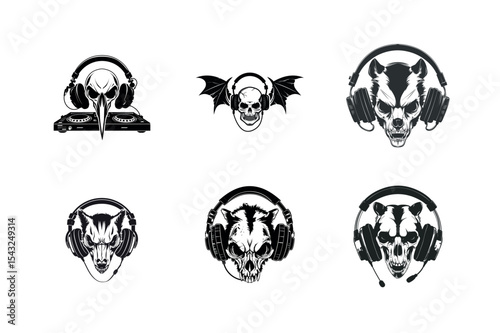 Animal skull dj silhouettes with headphones