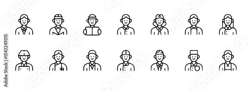 Diverse workforce represented by minimalistic outline icons showing various job roles and professional occupations, silhouette