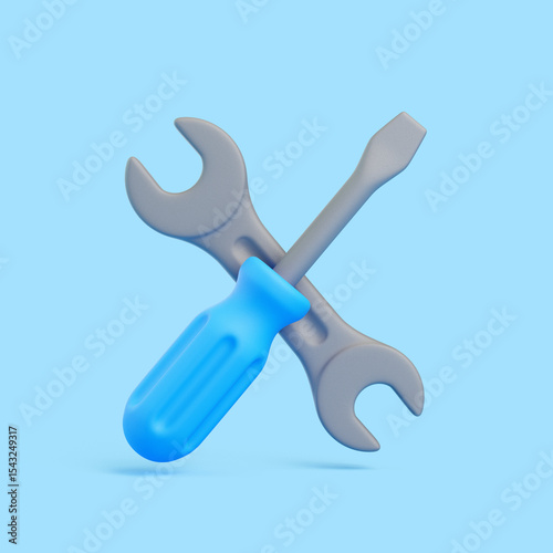 3D Cartoon Wrench and Screwdriver Crossed on Blue Background