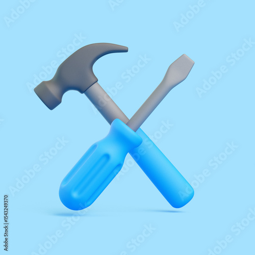 3D Hammer and Screwdriver Crossed on Blue Background