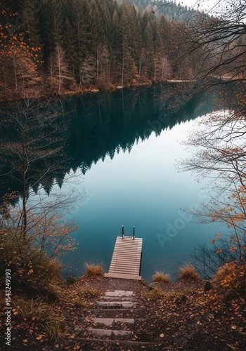 Serene autumn lake with wooden dock reflections