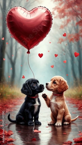 Adorable puppies sitting on wet pavement with red heart-shaped balloon floating above and small hearts around in autumn forest