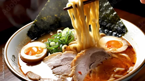 Closeup of ramen bowl with noodles being lifted by chopsticks featuring pork slices eggs seaweed and scallions in a broth