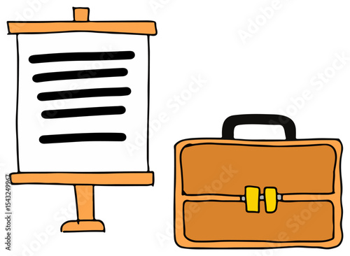 An easel with five lines on a whiteboard sits next to a briefcase