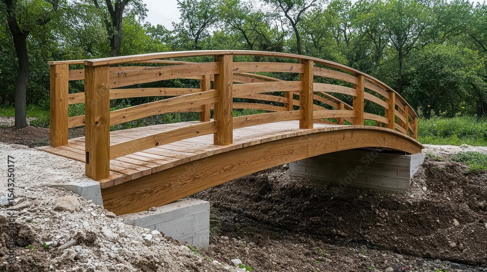 Wooden arch bridge over a small waterway Wooden arch bridge over a small waterway