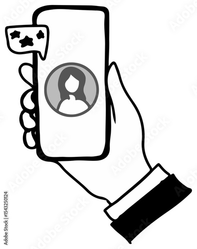 Hand holds phone displaying person icon  notification bubble with stars Cuff visible