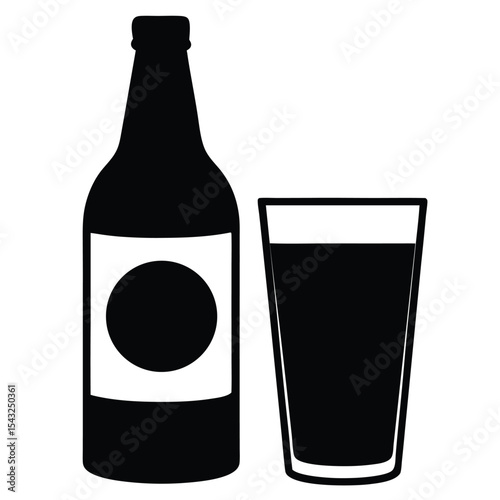 Simple black and white beer bottle and glass silhouette for design and illustration purposes