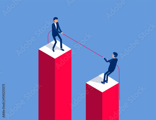 Two business person tug of war at high altitude. Flat isometric vector concept