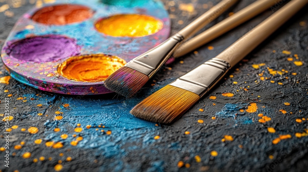Fototapeta premium Paintbrushes rest on a colorful palette and textured surface, splattered with paint